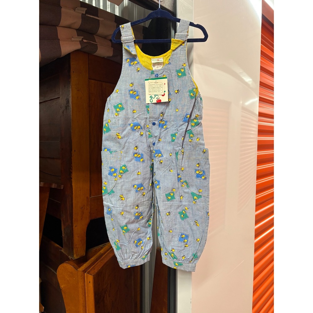 Vintage Raphael Toddler Overalls Blue Duckling Print Cotton Bib Overalls 2T NWT